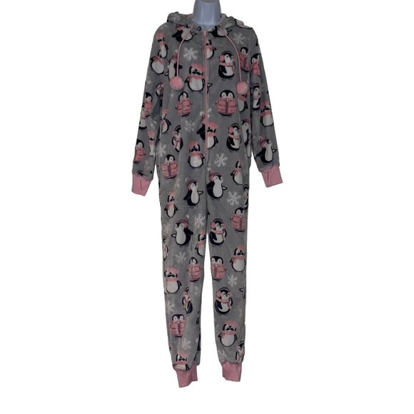 Munki Munki Gray Penguin Unionsuit Womens S Pajamas PJs Hooded Winter Comfy - Picture 1 of 11
